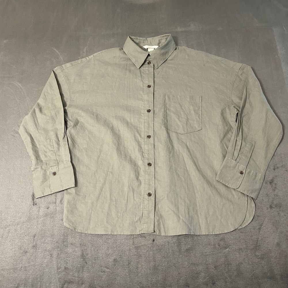 H&M Button Down Shirt Womens Small Green Linen Blend Melange Long Sleeve - Picture 2 of 7